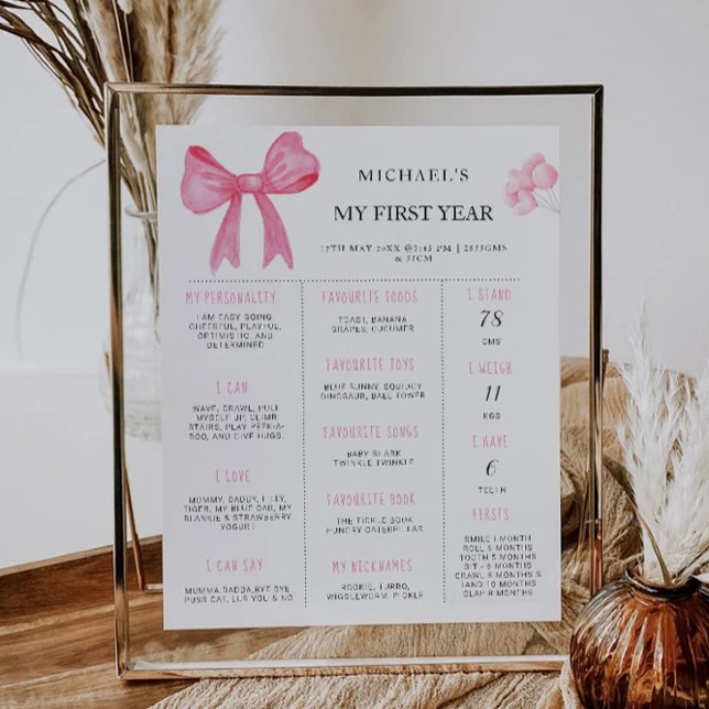 Affiche Pink Bow 1er Birthday Jalon Board (Pink Bow 1st Birthday Milestone Board Poster)