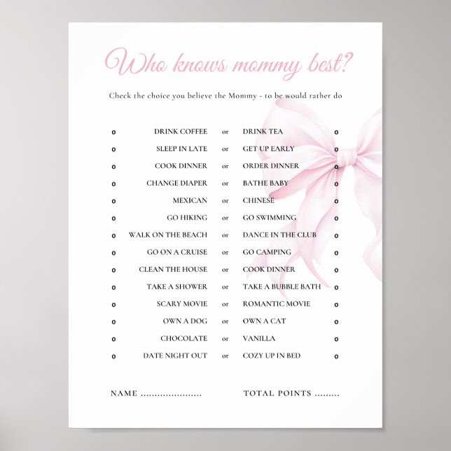 Affiche Pink Bow Baby shower Qui Connaît Mommy Meilleur Je (Devant)