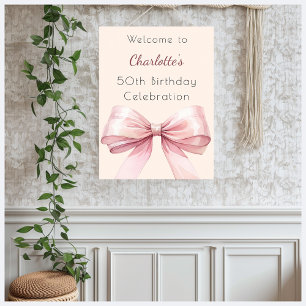 Affiche Pink bow crème beige fête d'anniversaire bienvenue