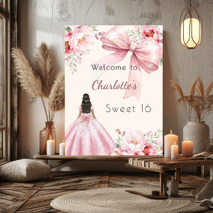 Affiche Pink bow crème florales robe Sweet 16 bienvenue