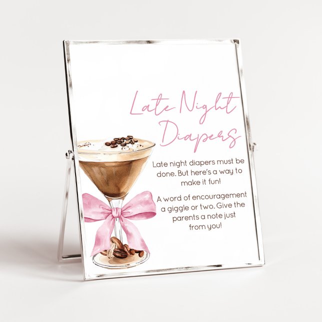 Affiche Pink Bow Espresso Shower Late Night Diapers Sign (Espresso Baby Shower Sign)