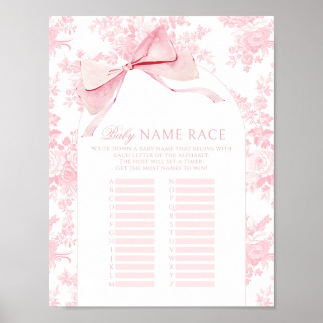 Affiche Pink Bow Floral Baby Girl Nom Race Shower Jeu (Devant)