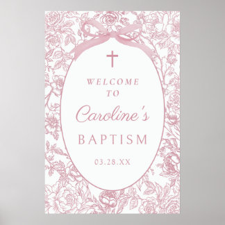 Affiche Pink Bow Floral Chinoiserie Baptism Welcome Sign
