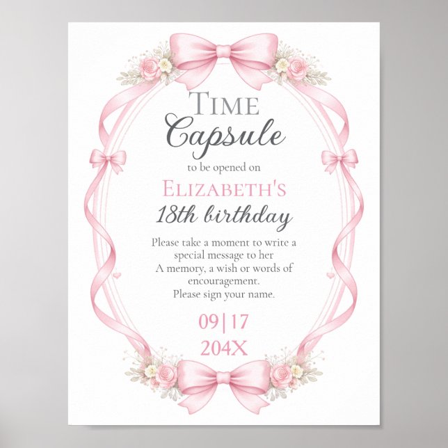 Affiche Pink Bow Floral Time Capsule Sign 1st Birthday (Devant)