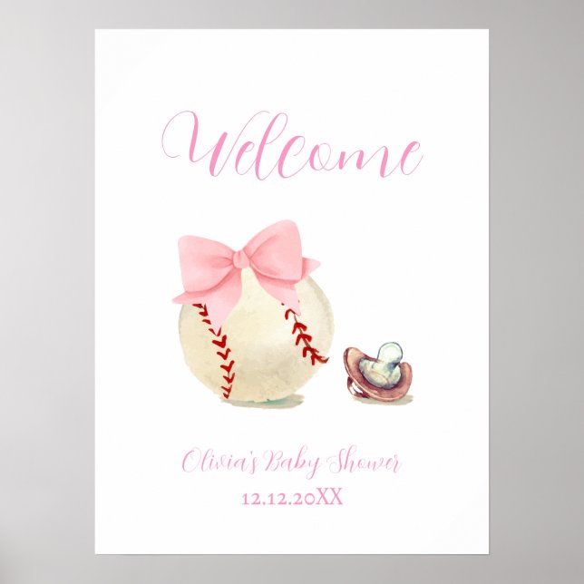 Affiche Pink Bow Pacifier Baseball Baby Shower Welcome (Devant)