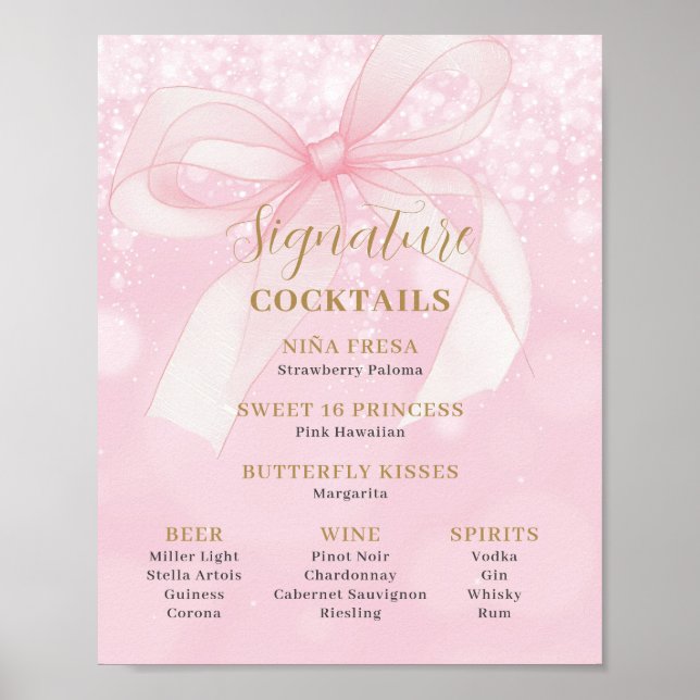 Affiche Pink Bow Ribbon Sweet 16 Signature Cocktails Menu (Devant)