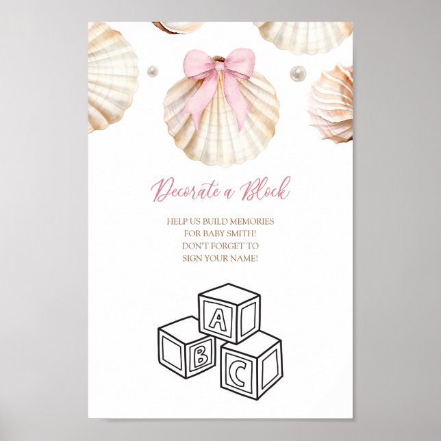 Affiche Pink Bow Shell Baby Shower Decorate Block Sign (Devant)