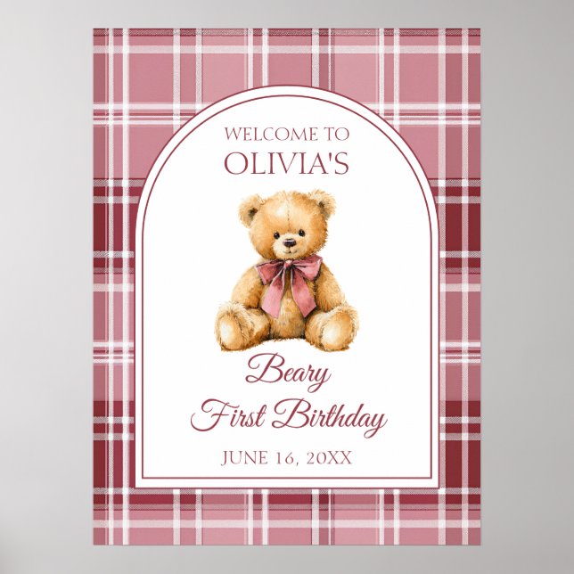 Affiche Pink Bow Teddy Bear Birthday Welcome Sign (Devant)