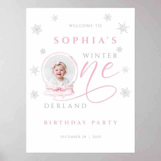 Affiche Pink Bow Winter First Birthday Welcome Sign (Devant)