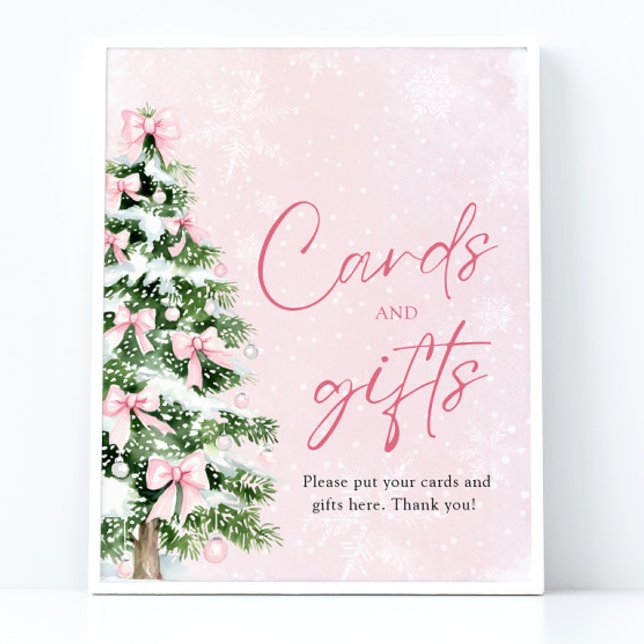 Affiche Pink Bows Arbre de Noël Cartes et Cadeaux (Pink Bows Christmas Tree Cards and Gifts Sign)