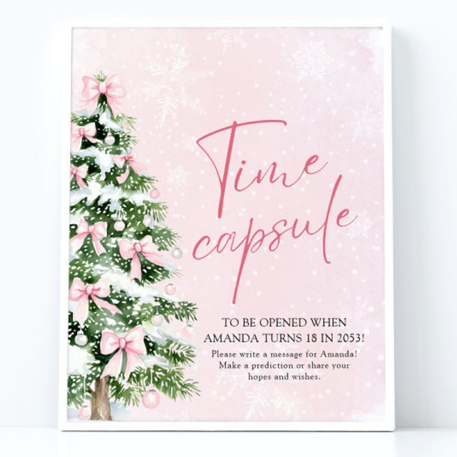 Affiche Pink Bows Noël Arbre Temps Capsule Jeu Signe (Pink Bows Christmas Tree Time Capsule Game Sign)