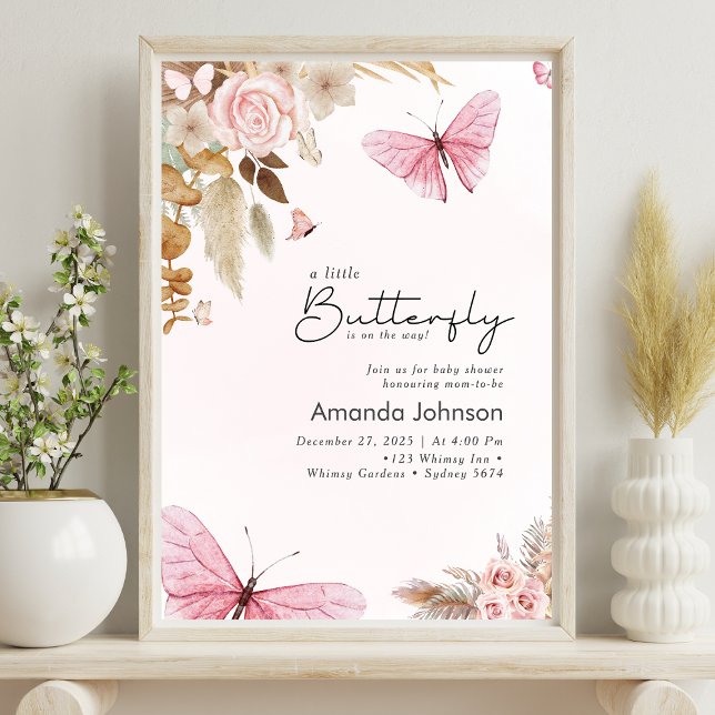 Affiche Pink Butterfly Pampas Grass Bohemian Baby Shower  (Créateur téléchargé)