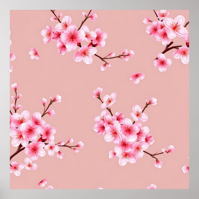Affiche Pink Cherry Blossom Branches Pattern (Devant)