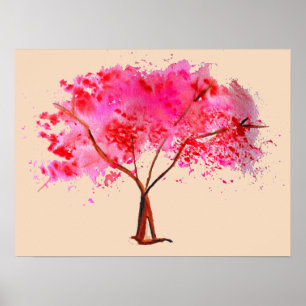 Affiche Pink Cherry Blossom tree watercolor