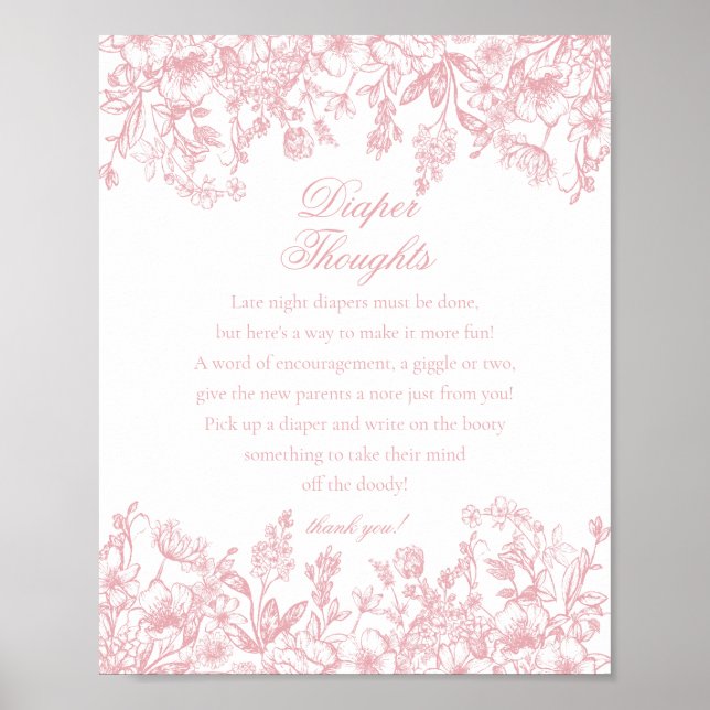 Affiche Pink Chinoiserie Flora Diaper Thoughts Baby Shower (Devant)