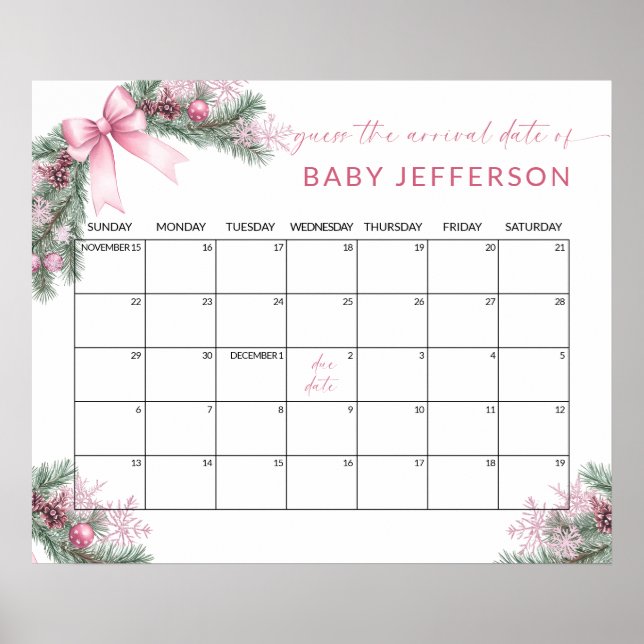 Affiche Pink Christmas Baby Shower Guess Due Date Calendar (Devant)