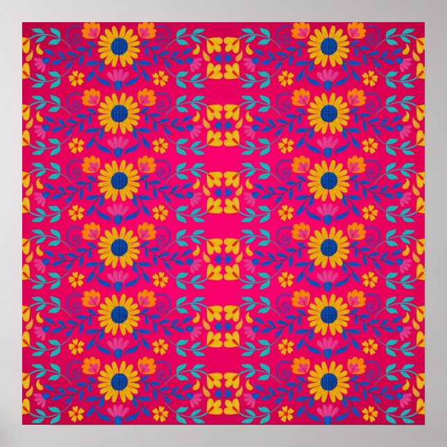 Affiche Pink colorful Mexican Folk Art floral Pattern (Devant)