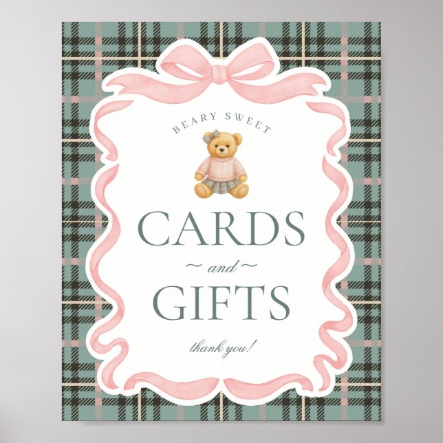 Affiche Pink Coquette Bow Bear Plaid Cards & Gifts (Devant)