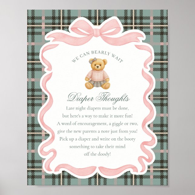 Affiche Pink Coquette Bow Bear Plaid Diaper Thoughts (Devant)