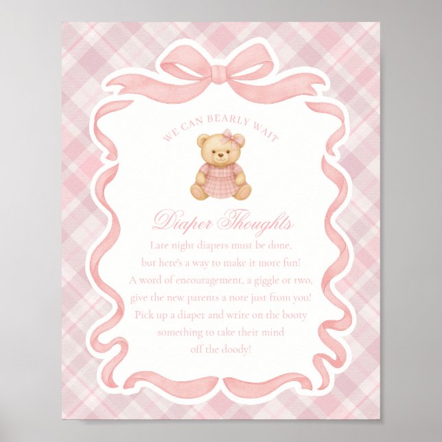 Affiche Pink Coquette Bow Bear Plaid Diaper Thoughts (Devant)