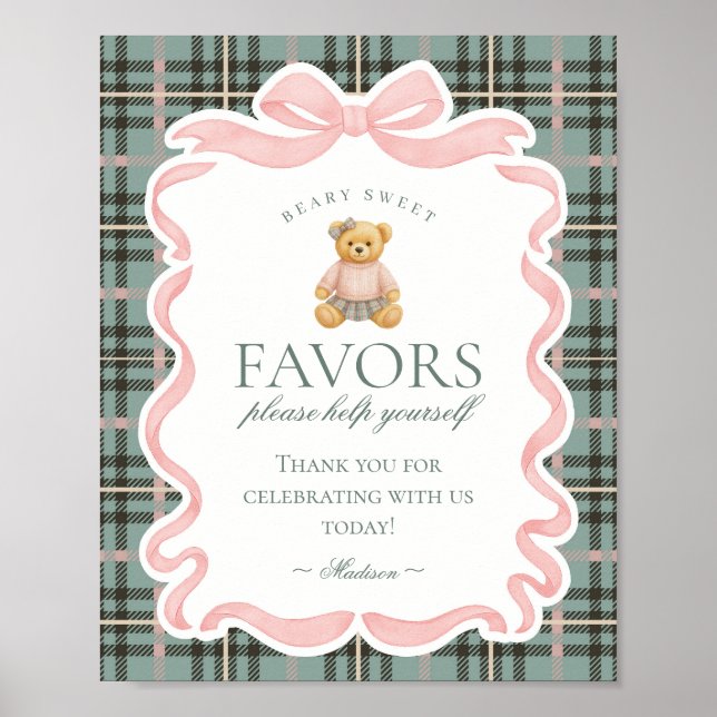 Affiche Pink Coquette Bow Bear Plaid Party Favors Sign (Devant)