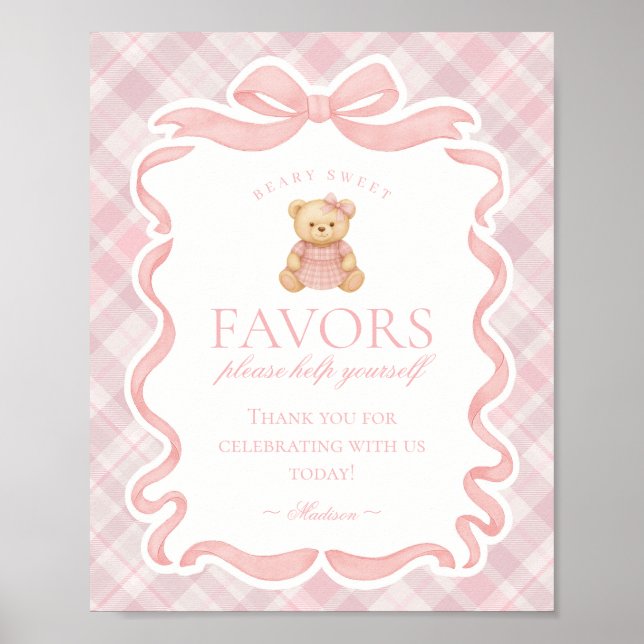 Affiche Pink Coquette Bow Bear Plaid Party Favors Sign (Devant)