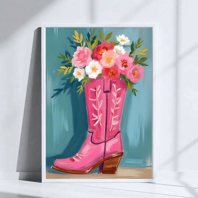 Affiche Pink Cowgirl Boot Flower Bouquet Watercolor (Créateur téléchargé)