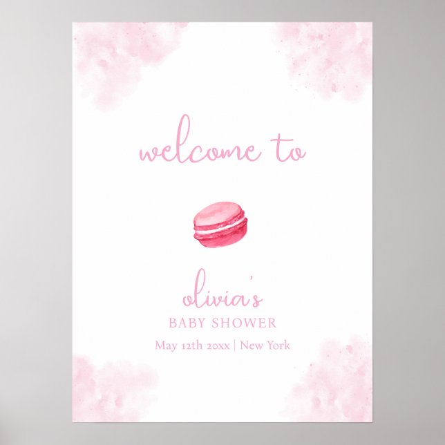 Affiche Pink Cute Bonjour Bébé Macaron Baby shower Bienven (Devant)