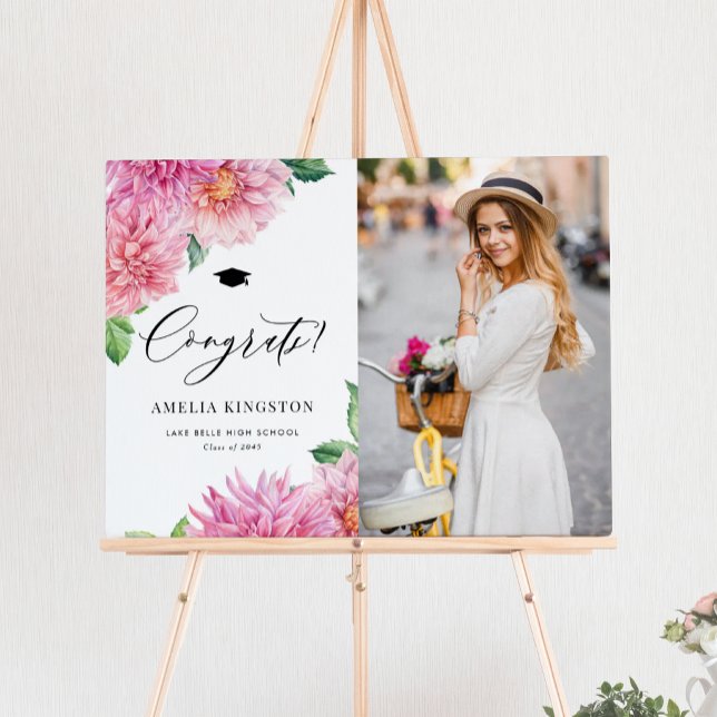 Affiche Pink Dahlia Congratulations Graduation Photo (Congrats to the grad! Customizable photo graduation sign featuring watercolor pink dahlias.)