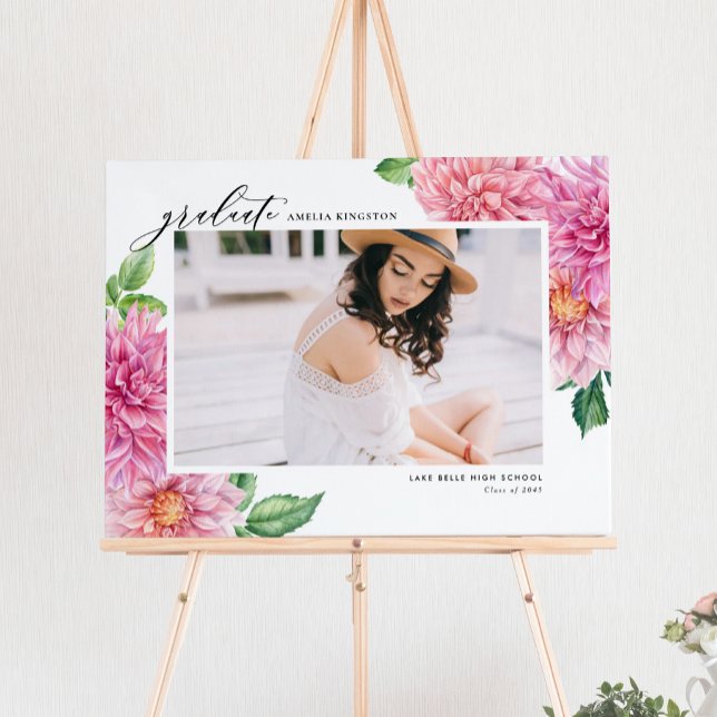 Affiche Pink Dahlia Watercolor Botanical Graduation Photo (Congrats to the grad! Botanical photo graduation sign featuring watercolor pink dahlias flowers.)