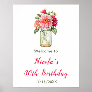 Affiche Pink Dahlias Mason Jar fête d'anniversaire Bienven