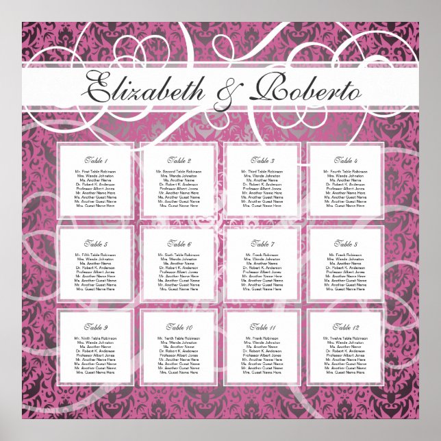 Affiche Pink Damask 12 Table Wedding Seating Plan Chart (Devant)