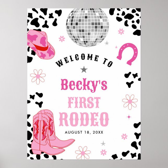 Affiche Pink Disco First Rodeo Girl 1er anniversaire Bienv (Devant)