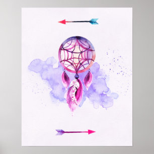 Affiche Pink Dreamcatcher On Purple Watercolor