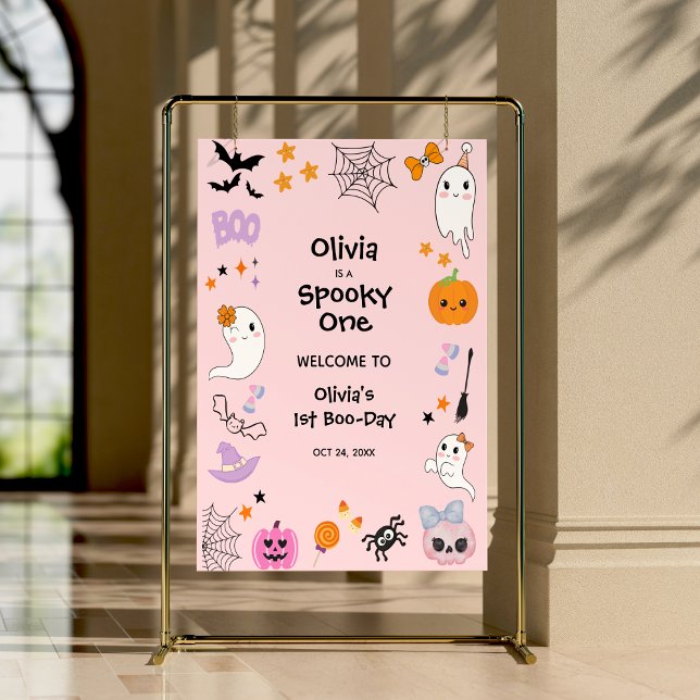 Affiche Pink Éffrayant Un Halloween 1er anniversaire Bienv (Pink Spooky One Cute Ghost Halloween 1st Birthday Welcome Sign )
