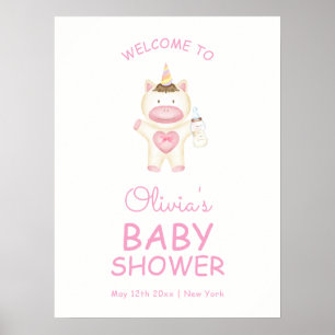 Affiche Pink Fairytale Unicorn Bouteille Baby shower Bienv