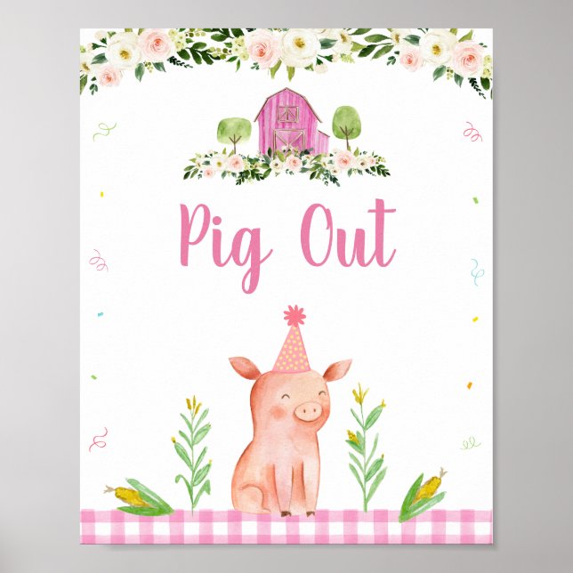 Affiche Pink Farm Animal Pig Out Anniversaire de nourritur (Devant)