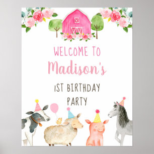 Affiche Pink Farm Barnyard Floral Anniversaire Bienvenue