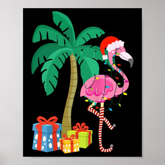 Affiche Pink Flamingo Christmas Palm Tree Tropical Xmas Fu (Devant)