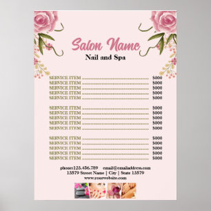 Affiche Pink Floral Beauty Nail Salon Prix du menu