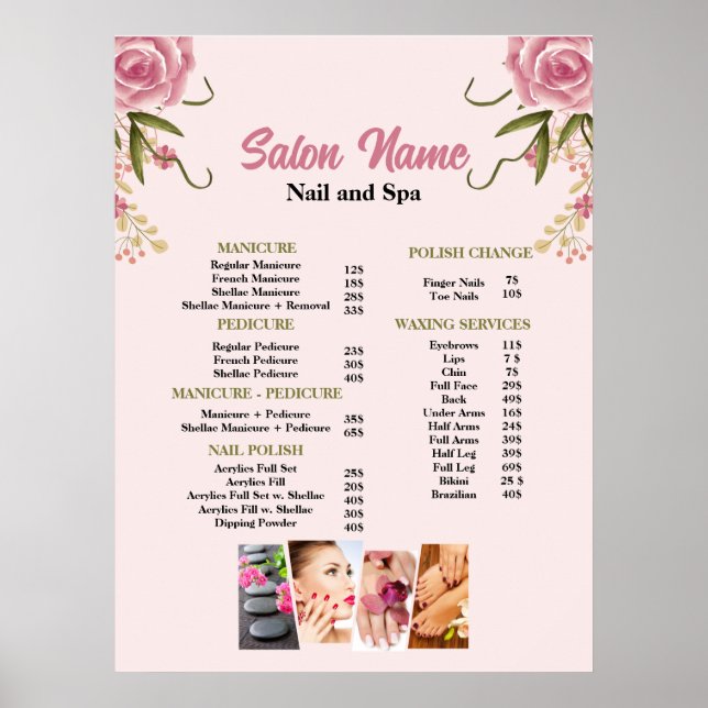Affiche Pink Floral Beauty Nail Salon Prix du menu (Devant)