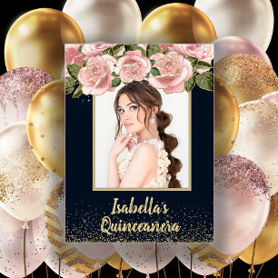 Affiche Pink Floral Black Gold Photo Quinceañera Anniversa