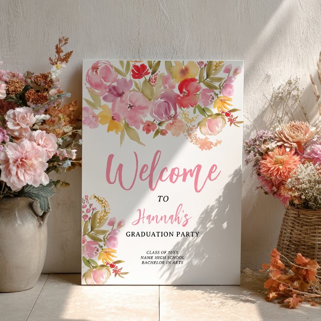 Affiche Pink Floral Bold Hand-Painted Graduation Welcome (Pink Floral Bold Hand-Painted Graduation Welcome Poster)