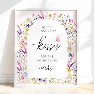 Affiche Pink Floral Combien de baisers Fête des mariées je