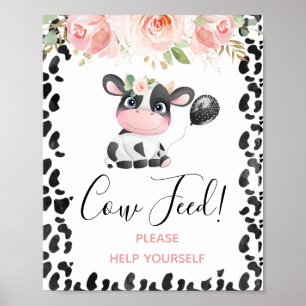 Affiche Pink Floral Cow Imprimer Signal de fête d'annivers