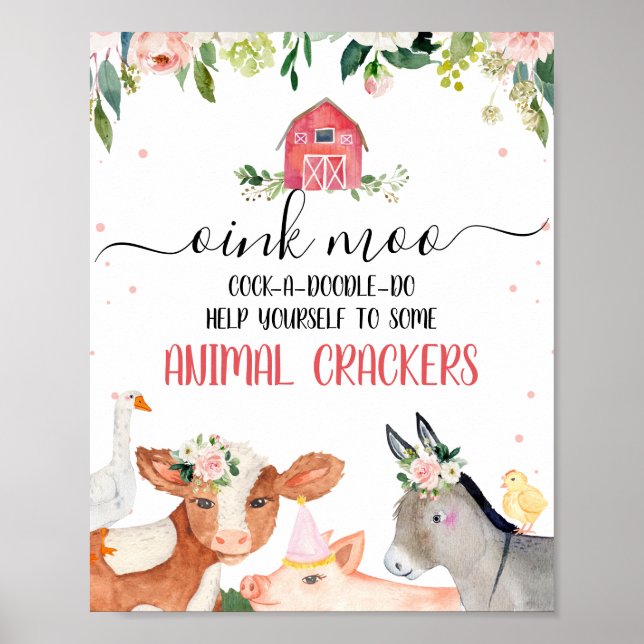 Affiche Pink Floral Farm Animals Birthday Party Sign (Devant)