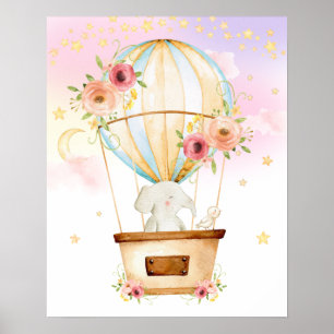 Affiche Pink Floral Hot Air Balloon Elephant Adventure