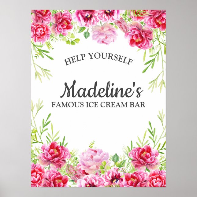 Affiche Pink Floral Leaves White Birthday Party Ice Cream (Devant)