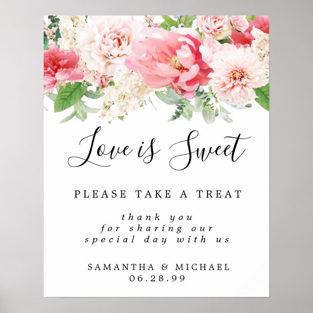 Affiche Pink Floral Love is Sweet Mariage Dessert Bar Sign (Devant)