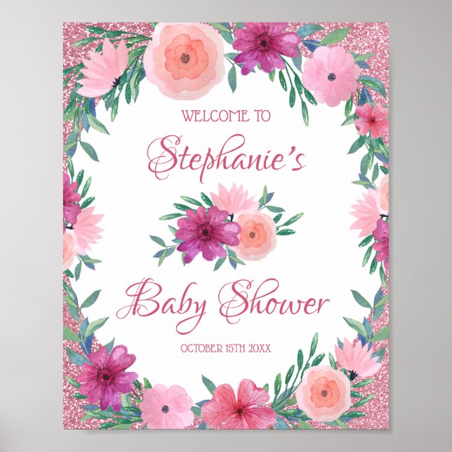 Affiche Pink Floral Rose Gold Glitter Baby Shower (Devant)